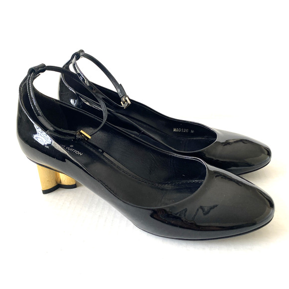 Louis Vuitton Night Bloom Pump Black Patent Leather Ankle Strap Flower Heel 38 - Picture 2 of 15